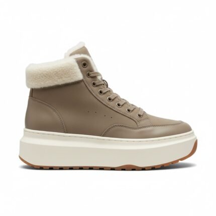 Women's Taupe High-Top Platform Boots with Cream Faux Fur Lining